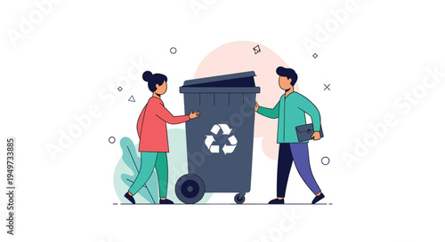 Man and woman characters putting waste into a large blue recycling bin to promote environmental protection and sustainable waste management.