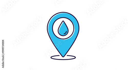 Blue map location pin containing a water drop icon representing water source location, hygiene, or environmental mapping.