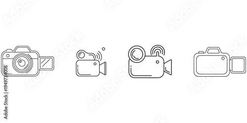 A set of four line art icons representing different types of cameras