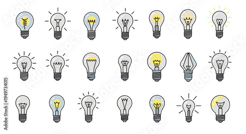 Large collection of different light bulb icons with varying filaments and shapes representing creativity, ideas, and innovation.