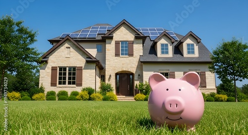 A large pink piggy bank in front of a beautiful house with solar panels on the roof and green lawn