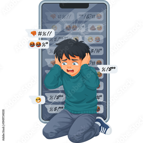Boy Crying Due to Cyberbullying on Phone