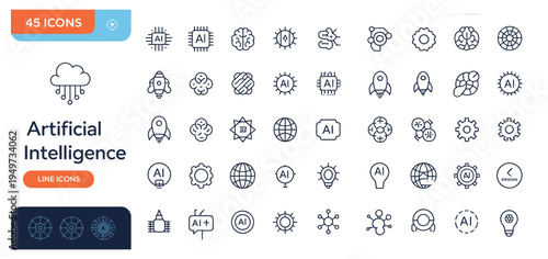 Modern collection of 45 artificial intelligence line icons representing advanced technology, innovation, and future digital concepts.