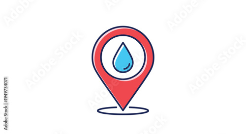 Red location marker icon featuring a blue water drop symbol inside used for indicating water access points or plumbing services.