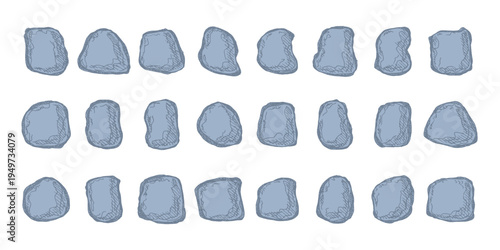 Hand drawn rocks and stones Rock fragments, boulders, building material Coastal pebbles, gravel, minerals, cobblestones, geological formations For game environment, landscape illustration, design