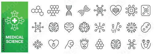 Essential collection of medical science line icons depicting DNA, brain, heart, molecules, and healthcare technology concepts.
