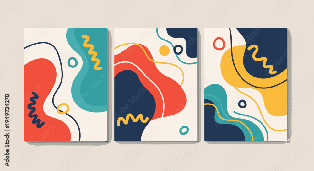 Fototapeta premium Collection of three abstract art posters featuring organic fluid shapes, wavy lines, and a vibrant primary color palette of red, blue, and yellow.