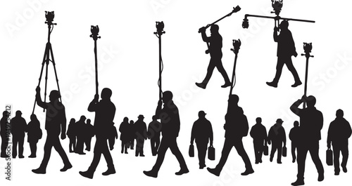 Black Solid 360 Camera Reviewer Monopod Silhouettes Set of Six on White Background