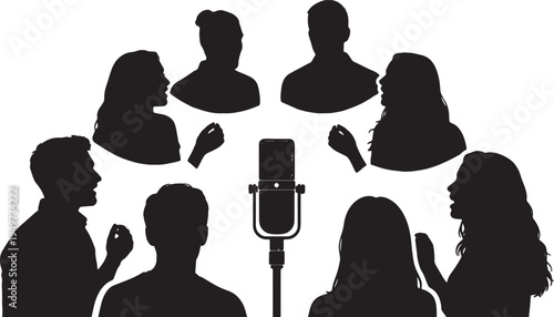Black Solid Acappella Singer Omnidirectional Mic Silhouettes Set of Six on White Background