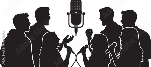 Black Solid Acappella Singer Omnidirectional Mic Silhouettes Set of Six on White Background