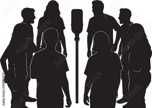Black Solid Acappella Singer Omnidirectional Mic Silhouettes Set of Six on White Background