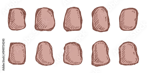 Hand drawn rocks and stones Rock fragments, boulders, building material Coastal pebbles, gravel, minerals, cobblestones, geological formations For game environment, landscape illustration, design