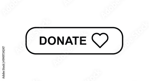 Simple rounded rectangular button with the word Donate and a heart icon representing charity, support, and fundraising activities.