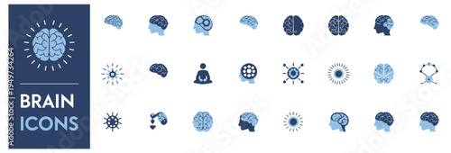A diverse collection of brain icons illustrating cognitive processes, artificial intelligence, and human thought.