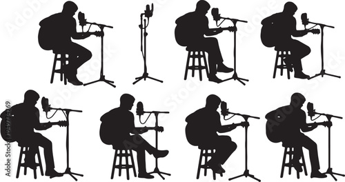 Black Solid Acoustic Guitar Microphone Stream Silhouettes Set of Six on White Background