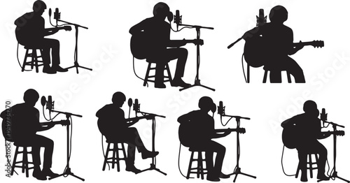 Black Solid Acoustic Guitar Microphone Stream Silhouettes Set of Six on White Background