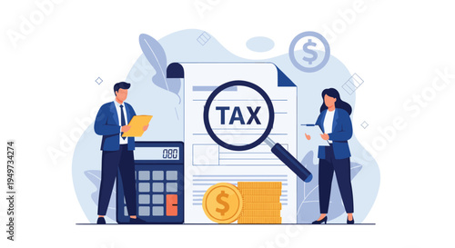 Business man and woman reviewing a large tax document with a magnifying glass, coins, and a calculator for financial compliance.