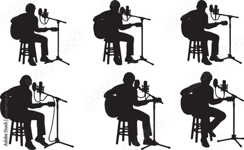 Black Solid Acoustic Guitar Microphone Stream Silhouettes Set of Six on White Background