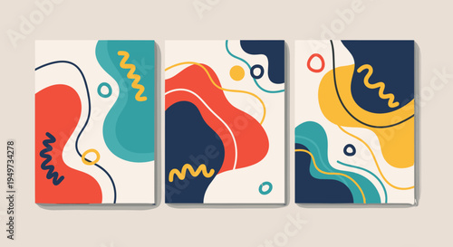 Collection of three abstract art posters featuring organic fluid shapes, wavy lines, and a vibrant primary color palette of red, blue, and yellow.