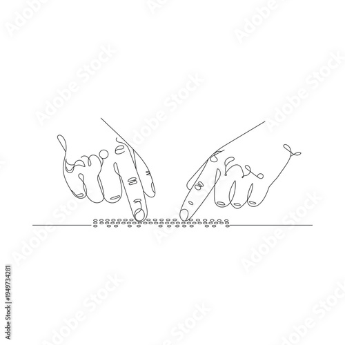 Hands reading braille text in continuous line art style