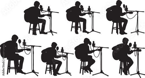 Black Solid Acoustic Guitar Microphone Stream Silhouettes Set of Six on White Background