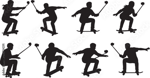 Black Solid Action Sports Selfie Stick Camera Silhouettes Set of Six on White Background