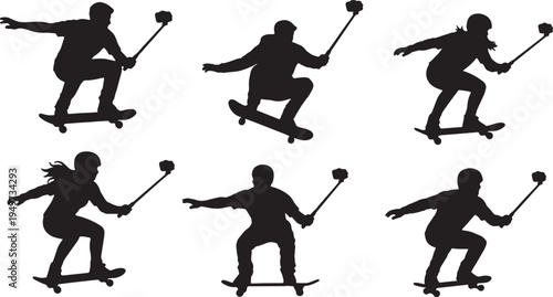 Black Solid Action Sports Selfie Stick Camera Silhouettes Set of Six on White Background