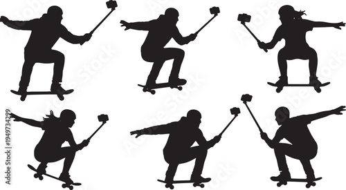 Black Solid Action Sports Selfie Stick Camera Silhouettes Set of Six on White Background