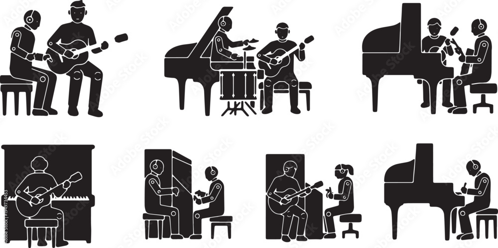 Fototapeta premium Black Solid AI Robot Music Collaboration Silhouettes Set of Six on White Background