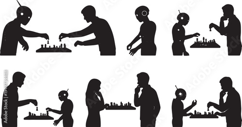 Black Solid AI Robot Playing Board Games Silhouettes Set of Six on White Background