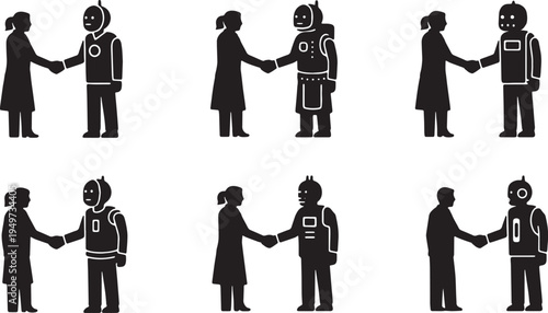 Black Solid AI Robot And Human Handshake Silhouettes Set of Six on White Background