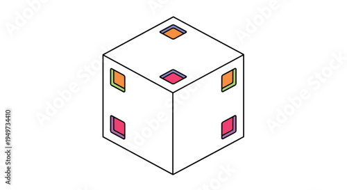 Isometric 3D cube with colorful square cutouts on each side representing modularity, diversity, and complex data structures in design.