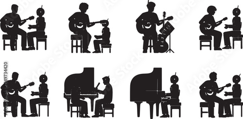 Black Solid AI Robot Music Collaboration Silhouettes Set of Six on White Background