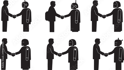 Black Solid AI Robot And Human Handshake Silhouettes Set of Six on White Background