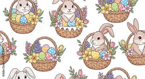 Seamless pattern with cute easter bunnies in wicker baskets with colorful eggs and spring flowers