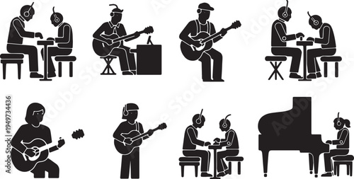 Black Solid AI Robot Music Collaboration Silhouettes Set of Six on White Background