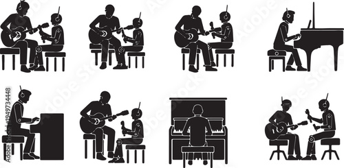 Black Solid AI Robot Music Collaboration Silhouettes Set of Six on White Background