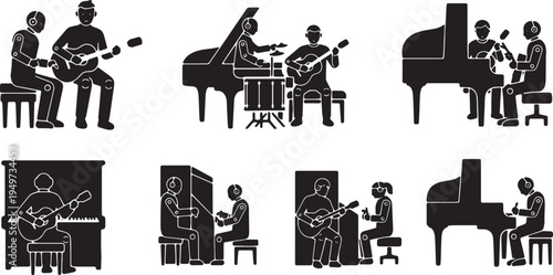 Black Solid AI Robot Music Collaboration Silhouettes Set of Six on White Background