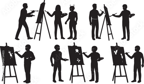 Black Solid AI Robot Painting Canvas Silhouettes Set of Six on White Background