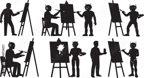 Black Solid AI Robot Painting Canvas Silhouettes Set of Six on White Background