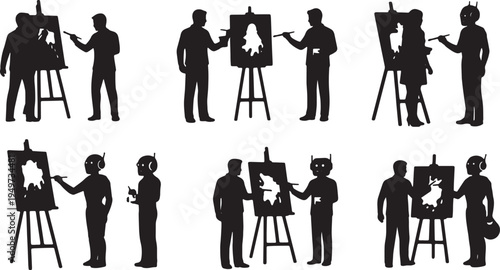 Black Solid AI Robot Painting Canvas Silhouettes Set of Six on White Background