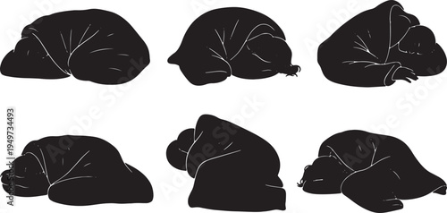 Black Solid Airport Floor Jacket Wrapped Sleeping Silhouettes Set of Six on White Background