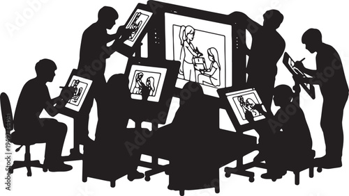 Black Solid Animation Student Drawing Display Stream Silhouettes Set of Six on White Background
