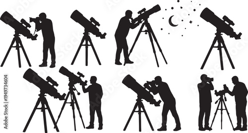 Black Solid Astrophotography Vlogger Telescope DSLR Silhouettes Set of Six on White Background