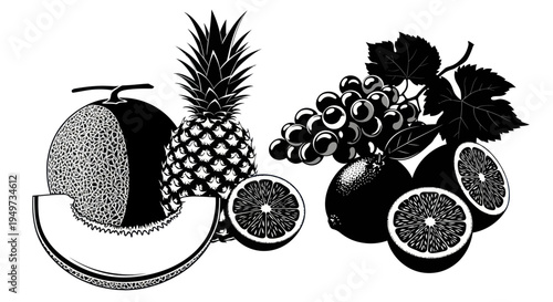 Fresh Fruit Assortment - Pineapple, Melon, Grapes, Oranges, Vector Illustration