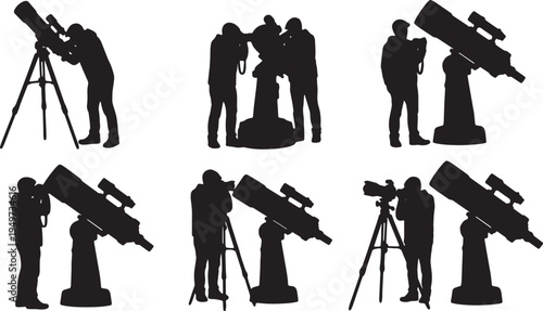 Black Solid Astrophotography Vlogger Telescope DSLR Silhouettes Set of Six on White Background