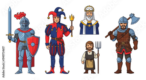 Medieval Characters: Knight, Jester, King, Peasant, Warrior