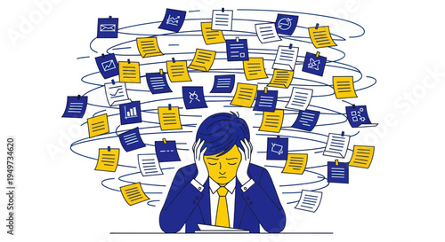 Overwhelmed businessman with notes and charts swirling around his head