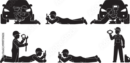 Black Solid Auto Mechanic Smartphone Tutorial Silhouettes Set of Six on White Background