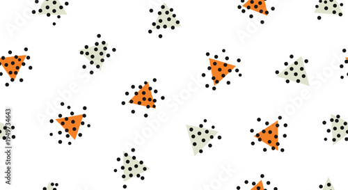 Seamless pattern featuring small orange and cream triangles covered in black dots for a playful and modern textile or wallpaper design.